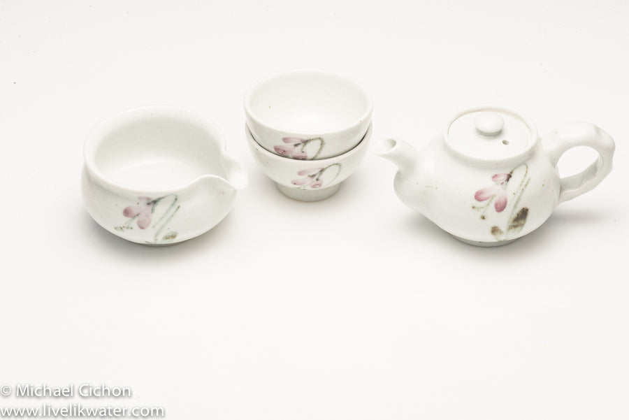 2 Cup Korean Tea Set-white with flower design