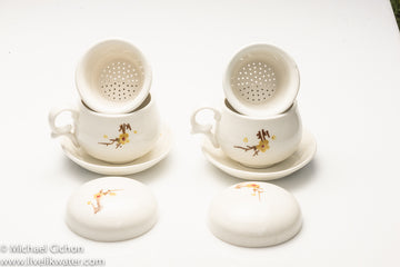 Korean Tea  Cup Set with handle - Ceramic Strainer and Saucer -  white with brown design